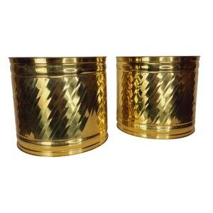 VTG Polished Brass Hollywood Regency Gold Set of Two Large Round Barrel Planters